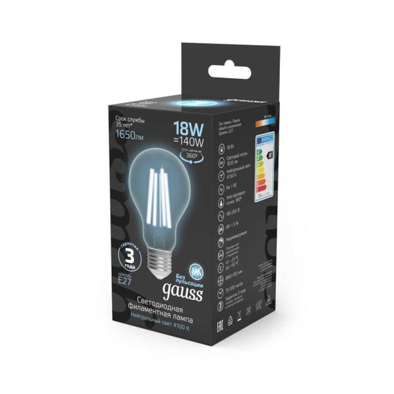 Лампа светодиодная филаментная Gauss E27 18W 4100K прозрачная 102902218
