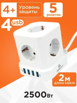 Сетевой фильтр Cablexpert Tower TWR-5-U4-W-2, 5р, 10А, 4хUSB, 2м, ур.защиты 4+, белый