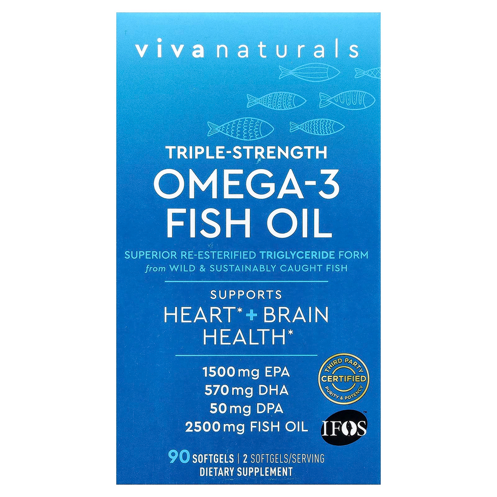 Viva Naturals, рыбий жир с омега-3, тройная сила, 2500 мг, 90 капсул
