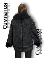 Куртка из эко замши до -15 в черном цвете с декоративным воротником, рукавами и деталями