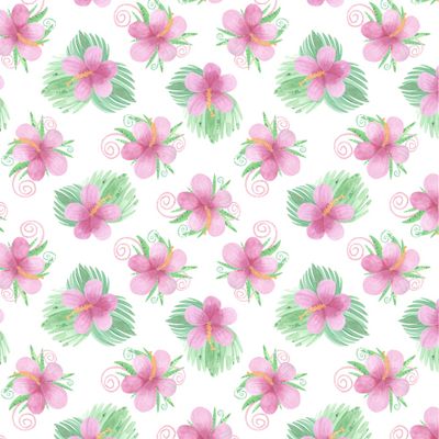 Тропические растения. Джунгли принт. Листья пальмы, розовые цветы, гибискус