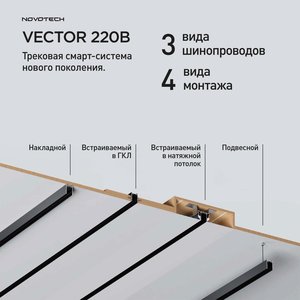 135304 PORT NT25 204 черный Шинопровод для монтажа в натяжной потолок 2м, в комплекте соединительная планка 4шт IP20 90-240V VECTOR