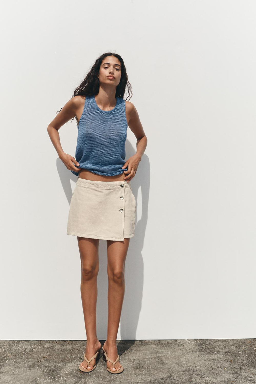 ZARA ТРИКОТАЖНЫЙ ТОП ИЗ 100% ХЛОПКА, СИНИЙ