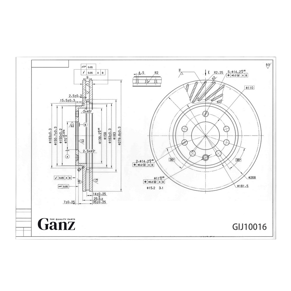 Диск тормозной GANZ передний с покрытием OPEL Astra H / G Zafira Арт.: GIJ10016