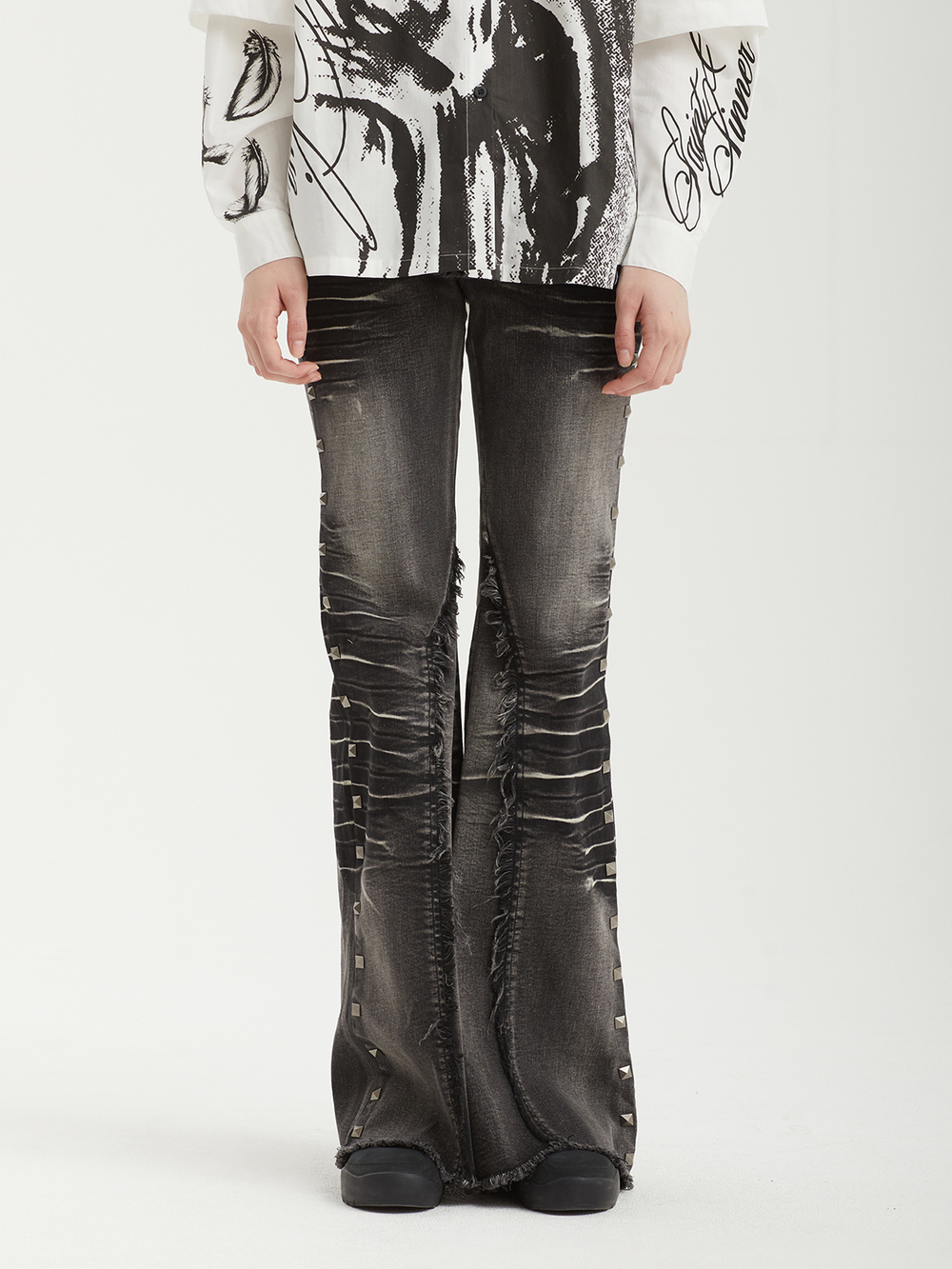 Женские Джинсы (Regular Fit) Sadie Black Washed Studded Lace Up Flare