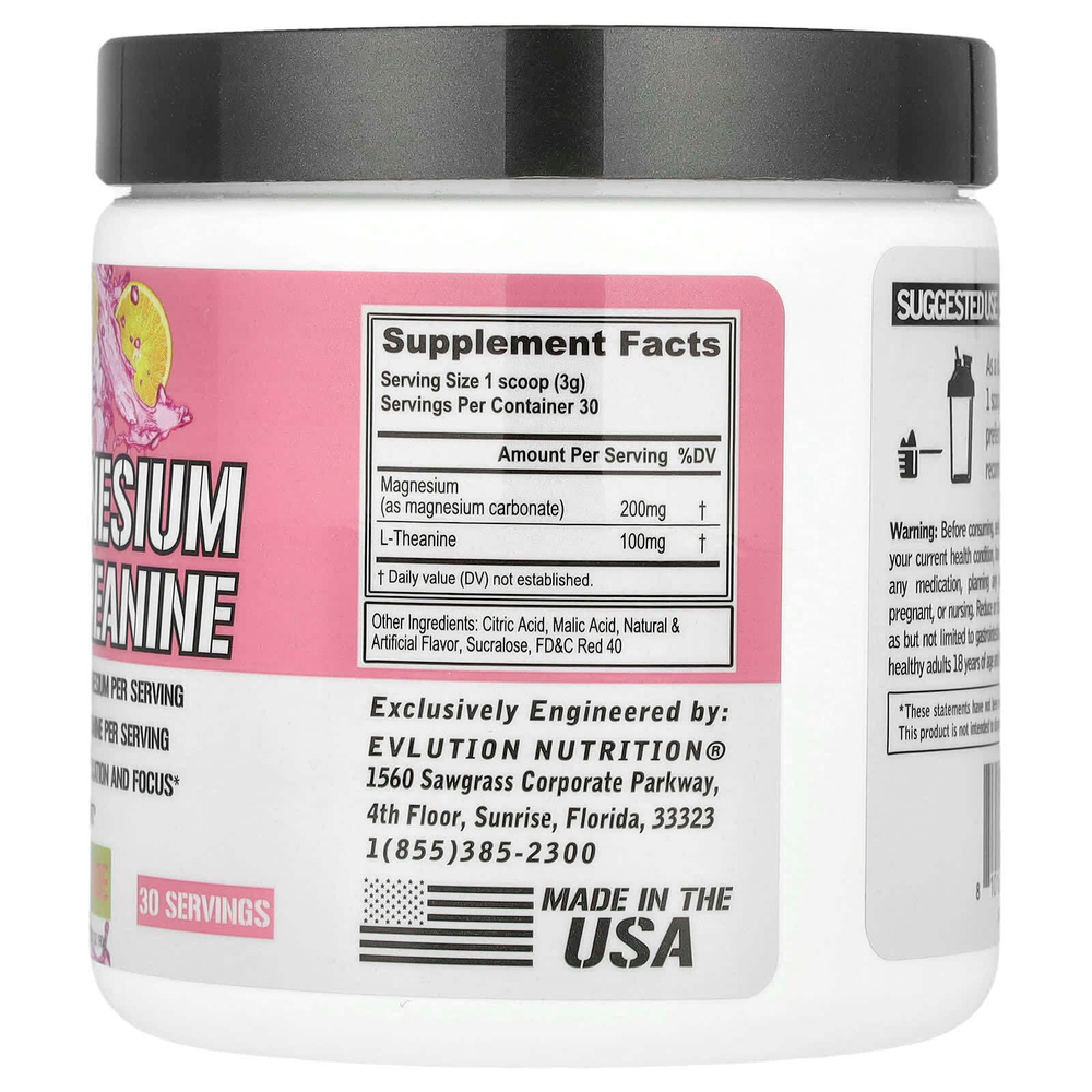 EVLution Nutrition, магний и L-теанин, со вкусом розового лимонада, 90 г (3,17 унции)