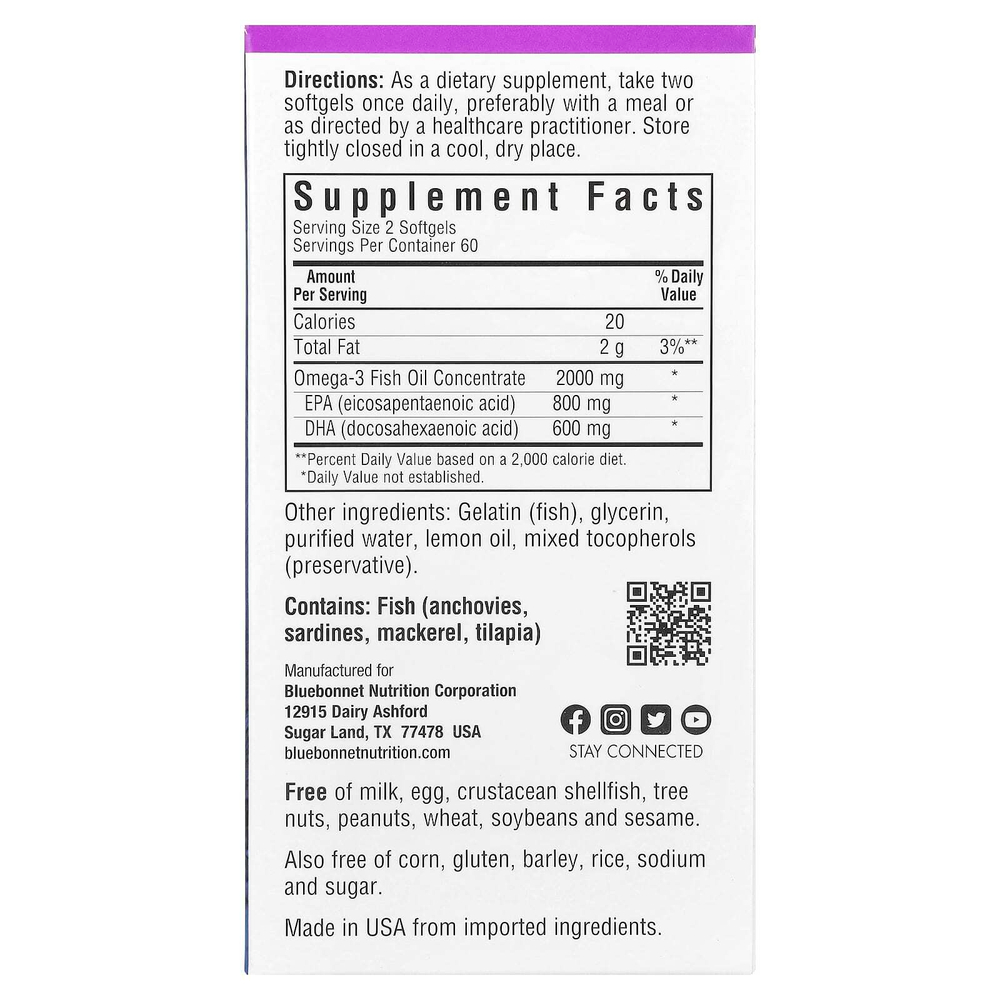 Bluebonnet Nutrition, рыбий жир с омега-3, для здоровья сердца, со вкусом лимона, 120 капсул (1000 мг в каждой)