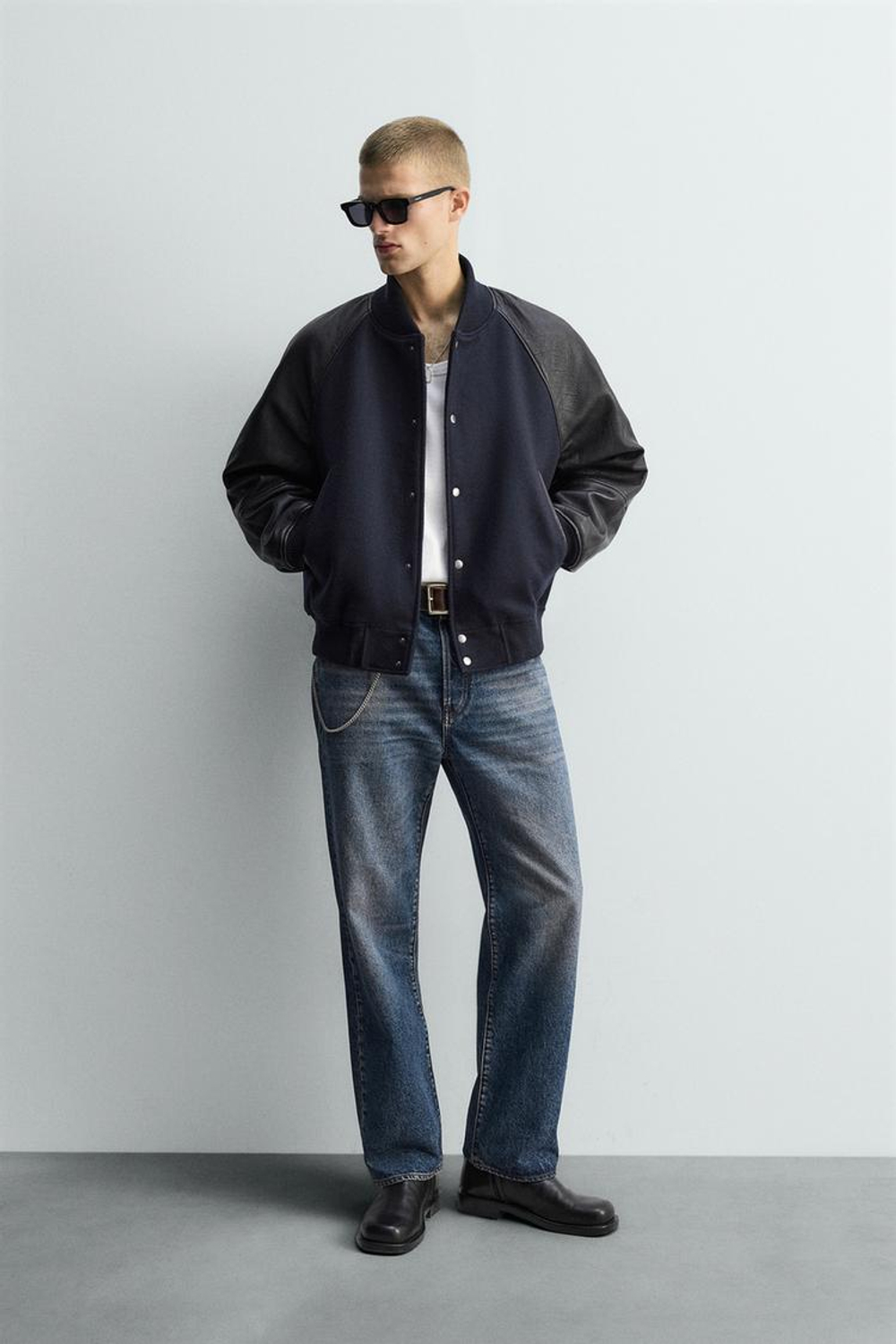 ZARA КОМБИНИРОВАННЫЙ КОЖАНЫЙ БОМБЕР LIMITED EDITION, МОРСКОЙ ТЕМНО-СИНИЙ