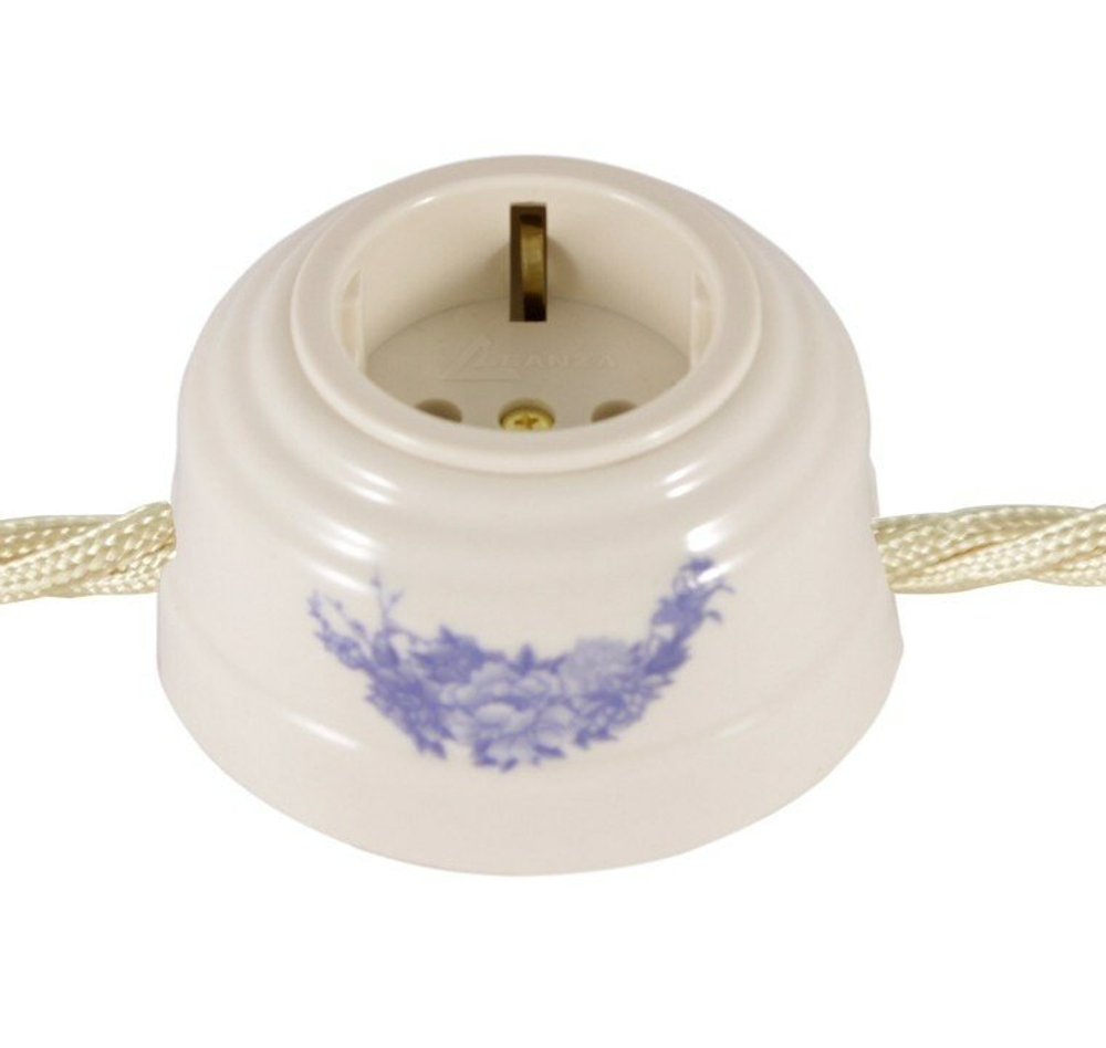 Розетка ретро керамическая с заземлением fiori viola синие цветы, Leanza Fiori Viola РВС / Проходная