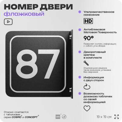 Табличка флажковая с номером 87 на дверь квартиры, для офиса, кабинета, аудитории, склада, черная двустороняя 19х19 см, Айдентика Технолоджи