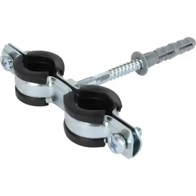 Двойной Хомут для труб STOUT комплект: хомут+шпилька+шуруп+дюбель пластиковый 1/2"(20-24)