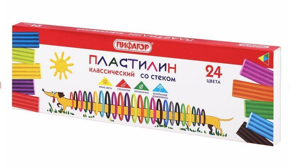 Пластилин классический 24 цвета 360г,со стеком "Веселая такса" (ПИФАГОР)