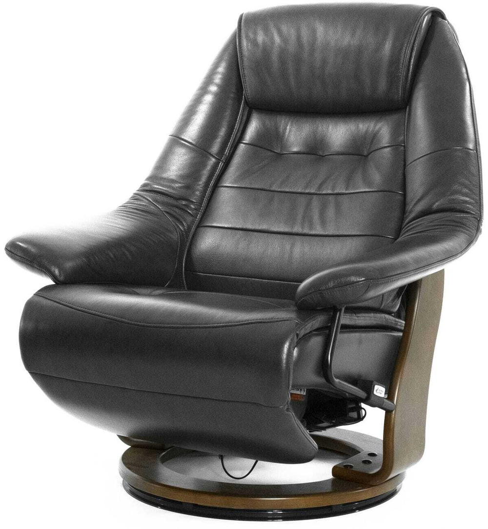 Кресло реклайнер Relax Concord 4073WD, натуральная кожа темно-серая (KM003), основание дерево темный орех (029)