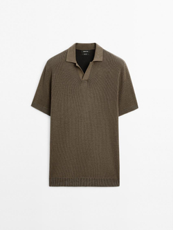 Massimo Dutti Трикотажное поло с V-образным вырезом и рельефным узором, бежевый