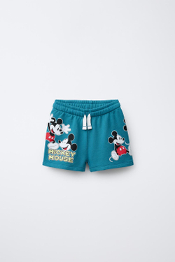 ZARA ШОРТЫ ИЗ МЯГКОЙ ТКАНИ С ПРИНТОМ MICKEY MOUSE © DISNEY, СВЕТЛО-НЕФТЯНОЙ