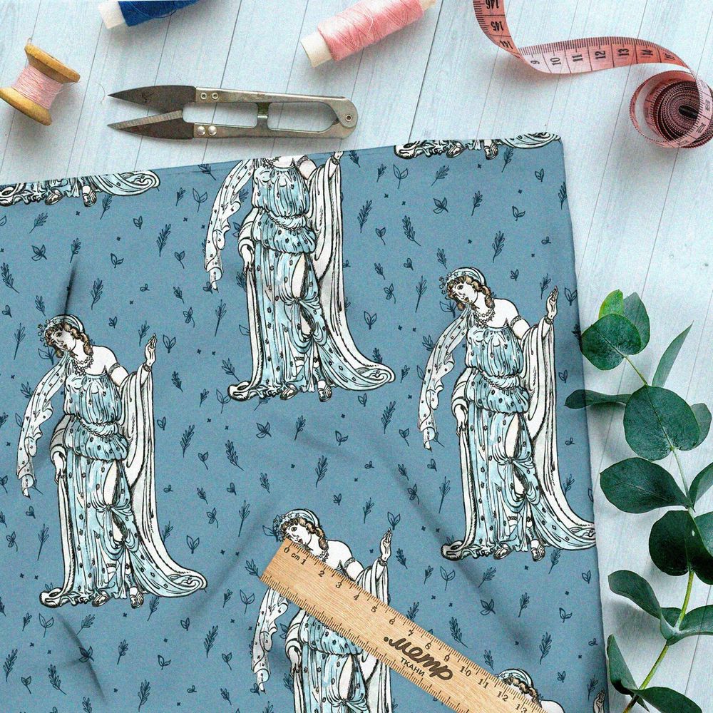 Ткань поплин древнегреческие богини на голубом фоне
