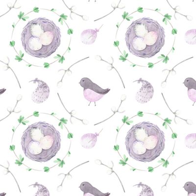 Весенний принт. Пасхальный принт. Сад, птички, яйца, гнездо, природа, зелень, цветы и растительность.