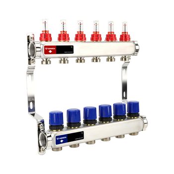 Коллектор из нерж. стали с расходомерами и регулирующими клапанами 1", 6 x 3/4"EK
