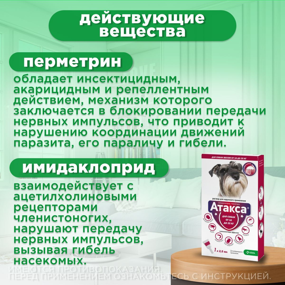 Капли от блох, клещей, вшей, власоедов, а так же кровососущих мух и комаров для собак 10-25 кг Атакса (KRKA), 1 пипетка Имидаклоприд/Перметрин
