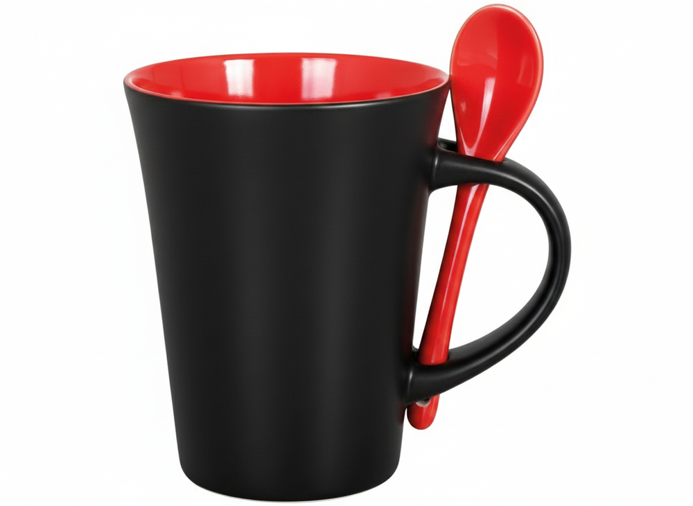 Керамическая кружка с ложкой, черно-красный, 350 мл