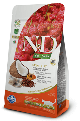 N&D GF Cat Quinoa Skin&coat Herring беззерновой сухой корм для здоровья кожи и шерсти взрослых кошек с сельдью киноа кокосом и куркумой