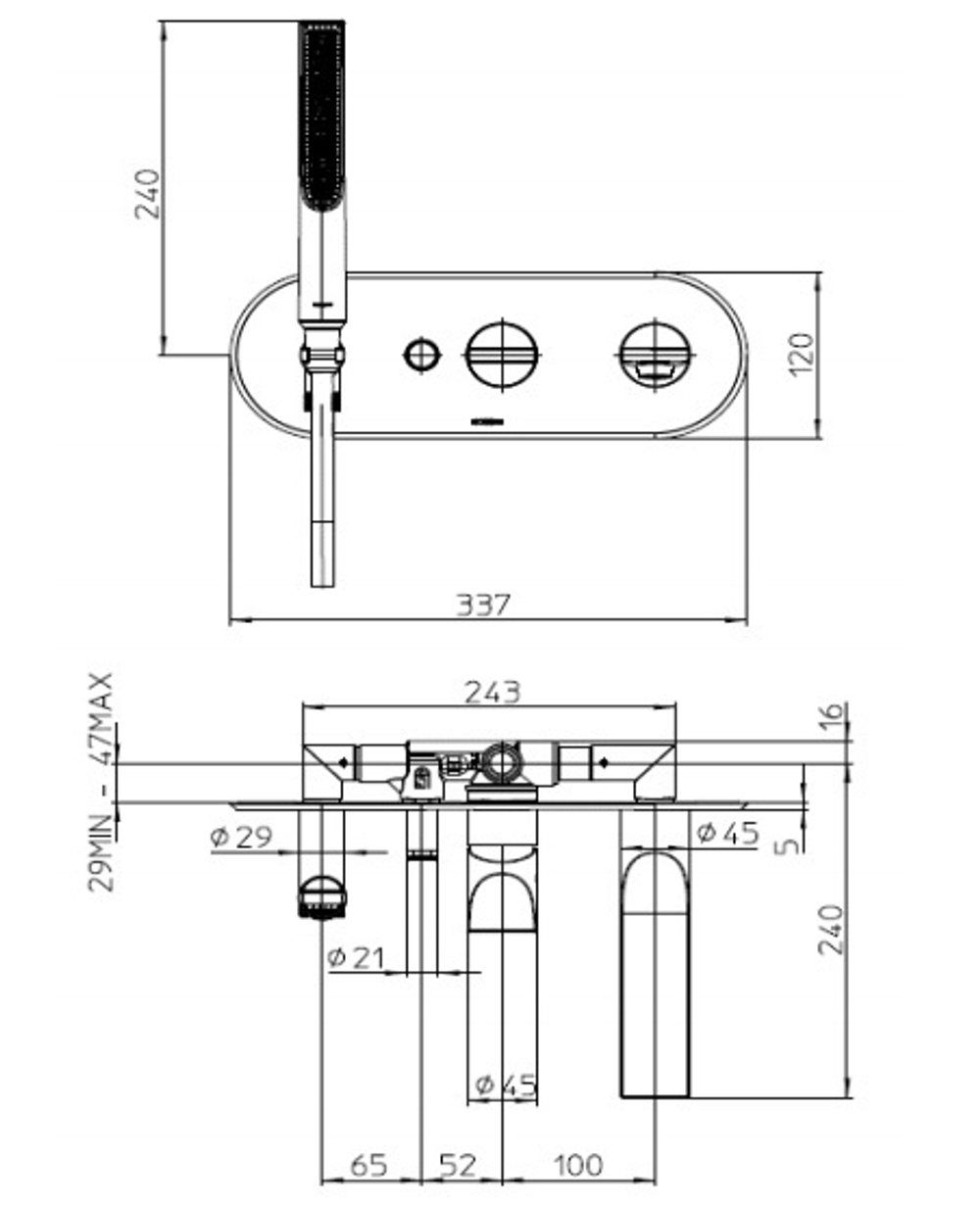 Bossini Apice смеситель для ванны с кнопочным переключением на 2 выхода, излив 207 мм, ручной душ Slim на фиксированном держателе, шланг Cromolux 150