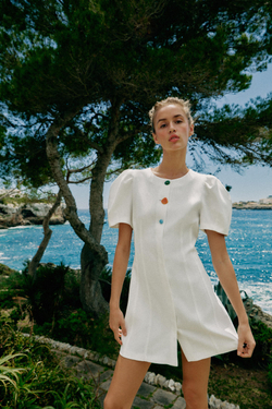 ZARA ПЛАТЬЕ С КОРОТКИМИ РУКАВАМИ-БУФФ, ЖЕЛТОВАТО-БЕЛЫЙ