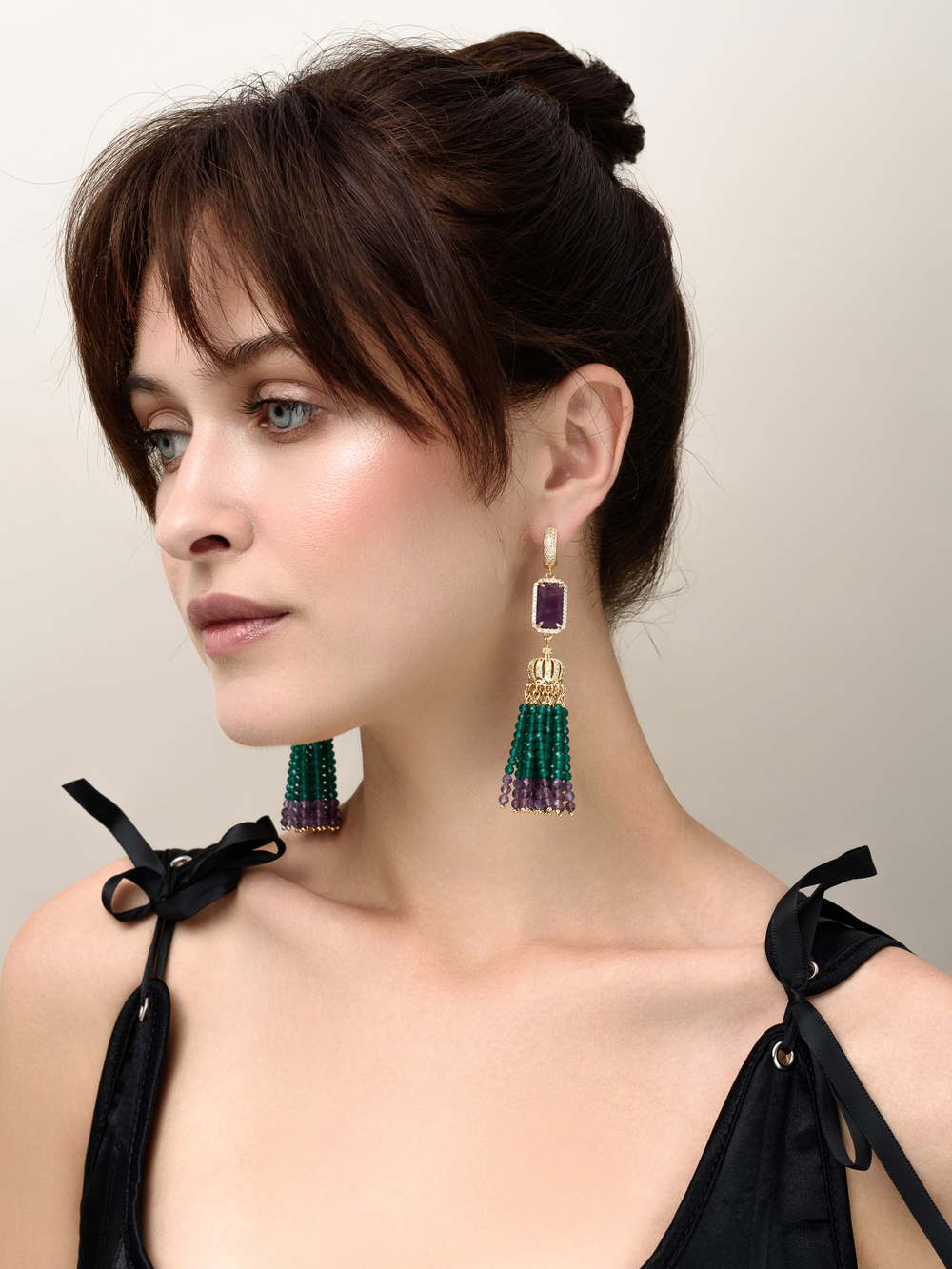 Серьги "Queen" из зеленого агата и аметиста Gold