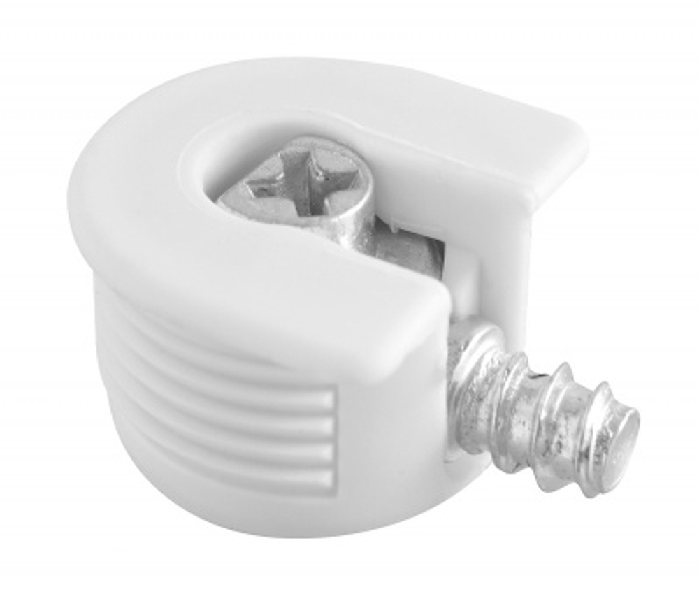 Стяжка-полкодержатель эксцентриковая для плиты 16 мм, шток саморез, белый пластик