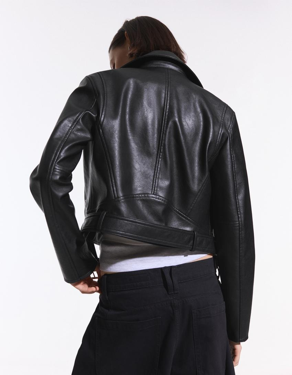 BERSHKA Куртка-косуха из искусственной кожи, черный