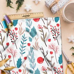 Ткань сатин лесная трава и рябина на белом фоне