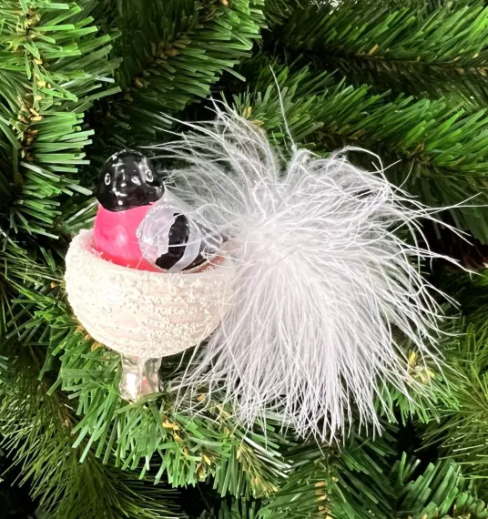 Елочное украшение Птичка в гнезде - снегирь, стекло, 8 см., Irena CO (50009)