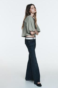 ZARA ТОП В КЛЕТКУ С ОБЪЕМНЫМИ РУКАВАМИ, КОРИЧНЕВО-СИНИЙ