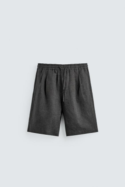 ZARA БЕРМУДЫ ИЗ 100% ЛЬНА С ЗАЩИПАМИ, СВИНЦОВЫЙ