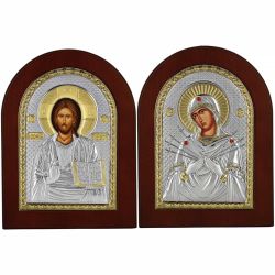 Венчальная пара: Спаситель и Семистрельная Богородица. Серебряные иконы.