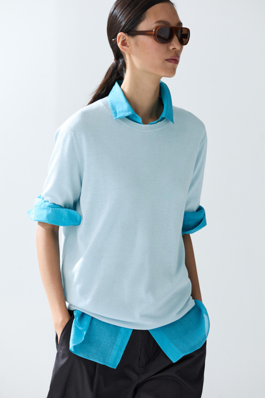 Massimo Dutti Тонкий шерстяной джемпер с короткими рукавами, голубой