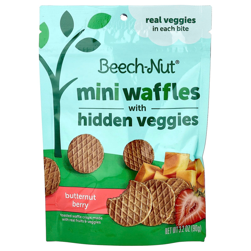 Beech-Nut, Мини-вафли со скрытыми овощами, от 12 месяцев, мускатный орех, 90 г (3,2 унции)