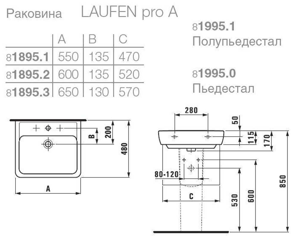 Раковина Laufen Pro 60х48см.  8.1895.2.000.104.1 схема
