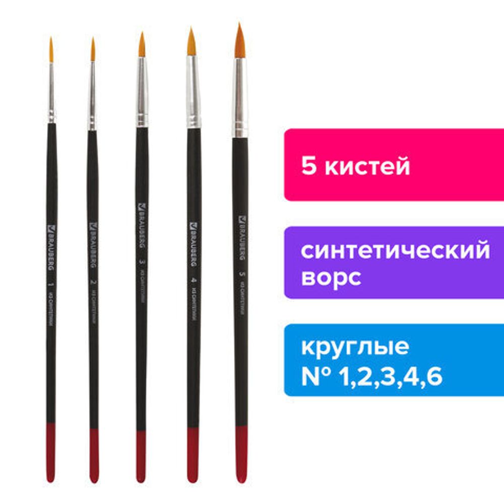 Кисти BRAUBERG, набор 5 шт. (синтетическая круглая № 1, 2, 3, 4, 5), блистер, 200218