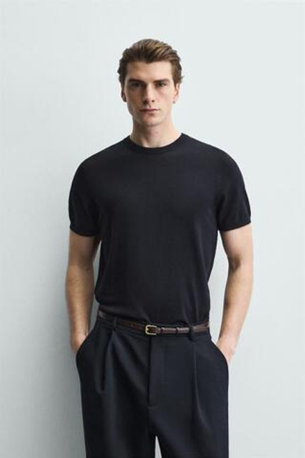 ZARA ФУТБОЛКА ИЗ СМЕСОВОЙ ВИСКОЗЫ, МОРСКОЙ ТЕМНО-СИНИЙ