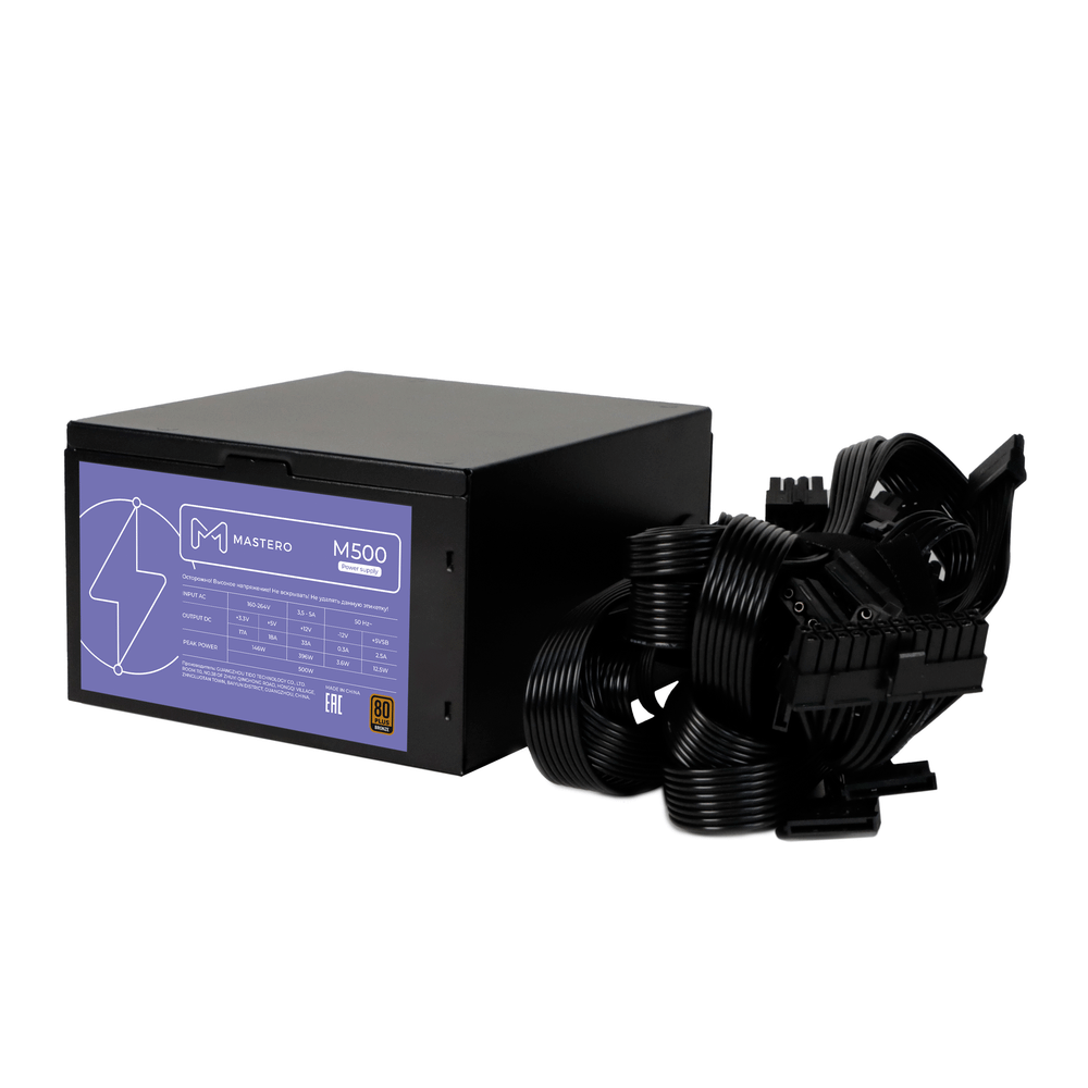 Блок питания ATX Mastero M500, 500W, 80+, Bulk, APFC, 1x4+4pin, 2x6+2PIN, 5xSATA, 3xMOLEX, 1xFDD (M500-120BFV1-BLK)