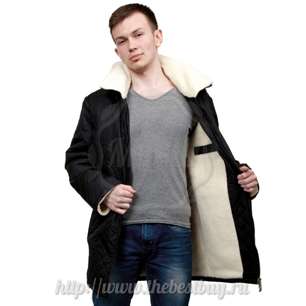 Мужская куртка Черная плащевка-Меринос  (с воротником) - разм. 42-62  (мод.955)