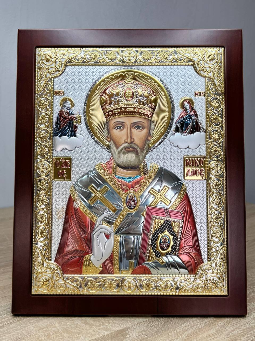 Николай Чудотворец, икона прямоугольная с рамкой, красное дерево, эмаль 185х235