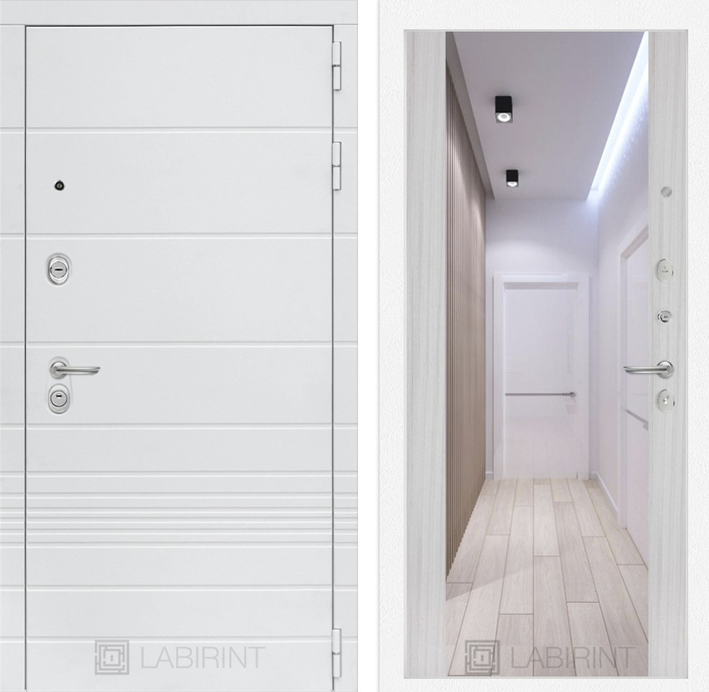 Входная дверь в квартиру белая с зеркалом Лабиринт Trendo (Трендо) зеркало Максимум Сандал белый  / Белый камень