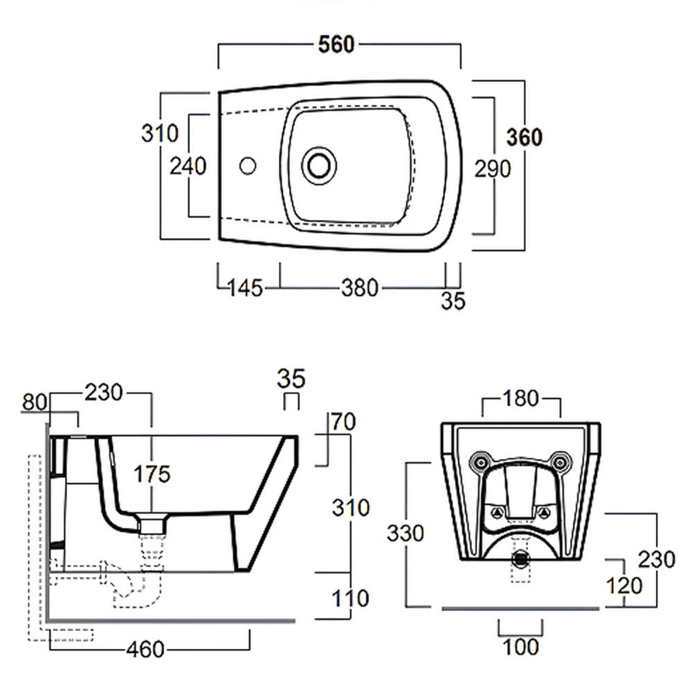 Биде подвесное Simas Baden Baden 360х560х310 с 1 отв под смеситель, с креплением F85, цвет белый (BB19bi*1)