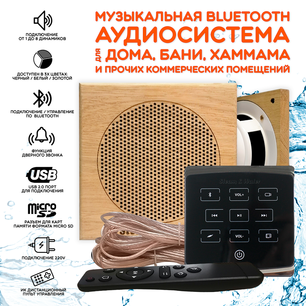 Комплект влагостойкой акустики для бани и сауны - SW2 Black ECO SAUNA (квадратная решетка)