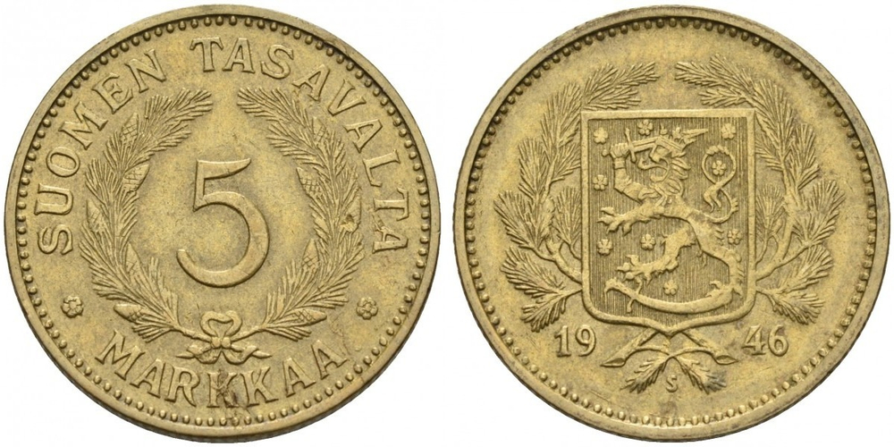 Финляндия 5 марок, 1946 - 1952 Герб XF