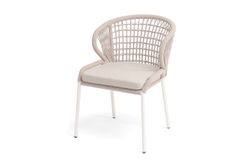 "Милан" стул плетеный из роупа (клетка), каркас алюминий белый, роуп бежевый круглый, ткань бежевая 035