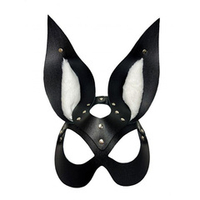 Кожаная черная маска Зайка с белым мехом на ушках БДСМ Арсенал Miss Bunny 68014