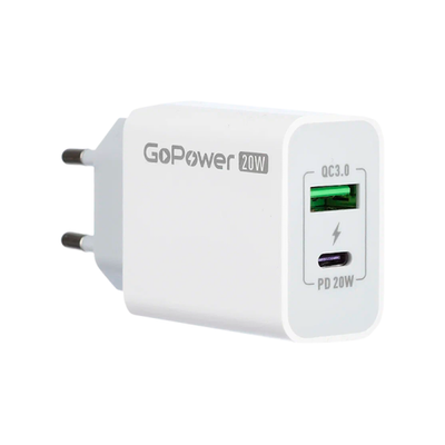Зарядное устройство сетевое GoPower GPQC08 1USB+1Type-C 20W QC3.0 белый